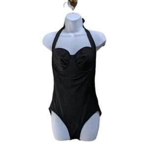 Vintage 90s Eddie Bauer SlimSuit Sz L 12D Black One-piece Swimsuit Old Hollywood